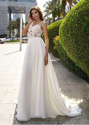 Beaded Spaghetti Straps Ivory Lace Chiffon Wedding Dress